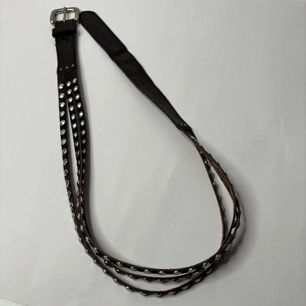 Harley Davidson Womens Brown Leather Studded Triple Strand Belt M Grunge Rock